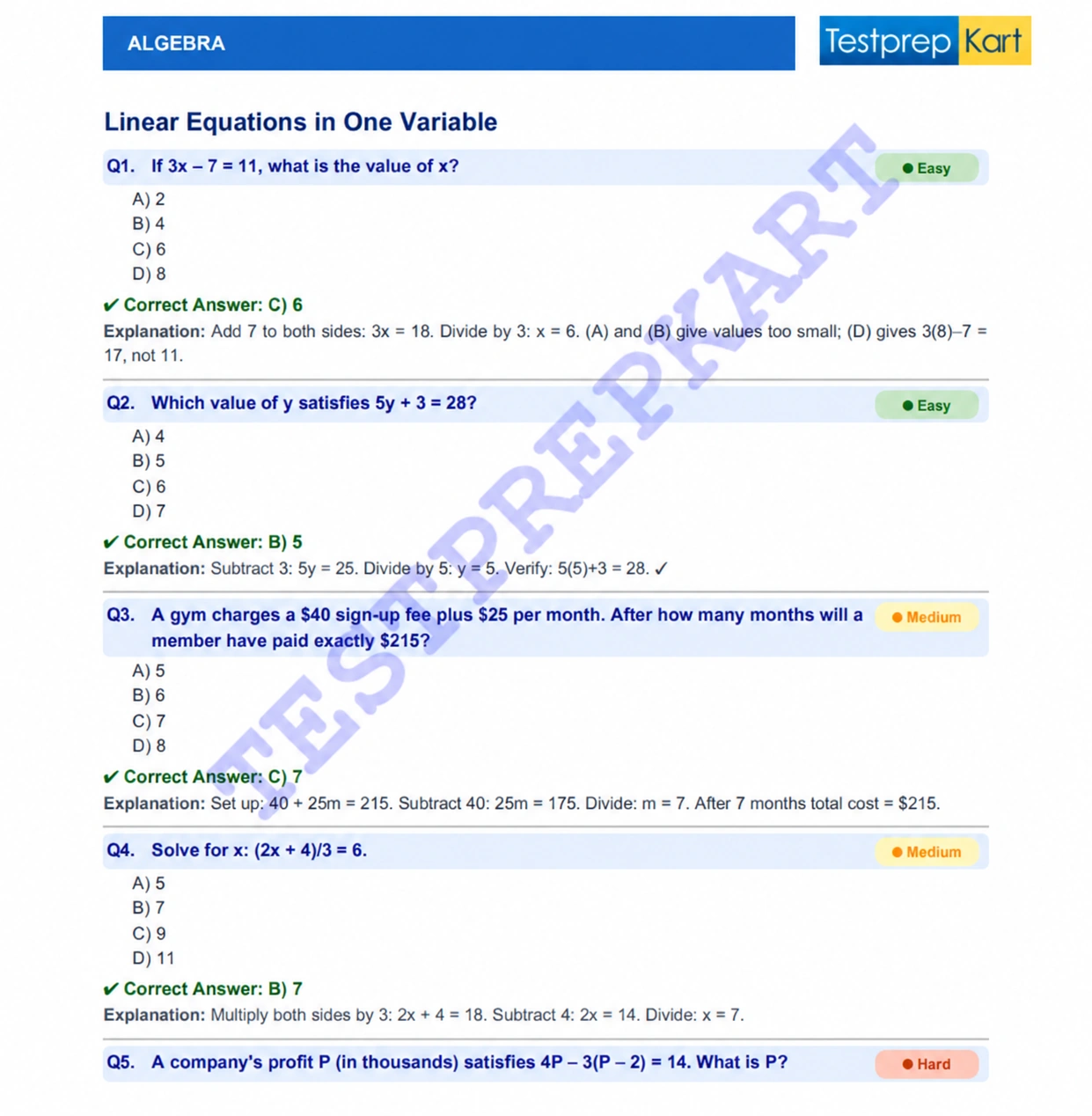 SAT Algebra worksheet and subject-specific Math practice questions
